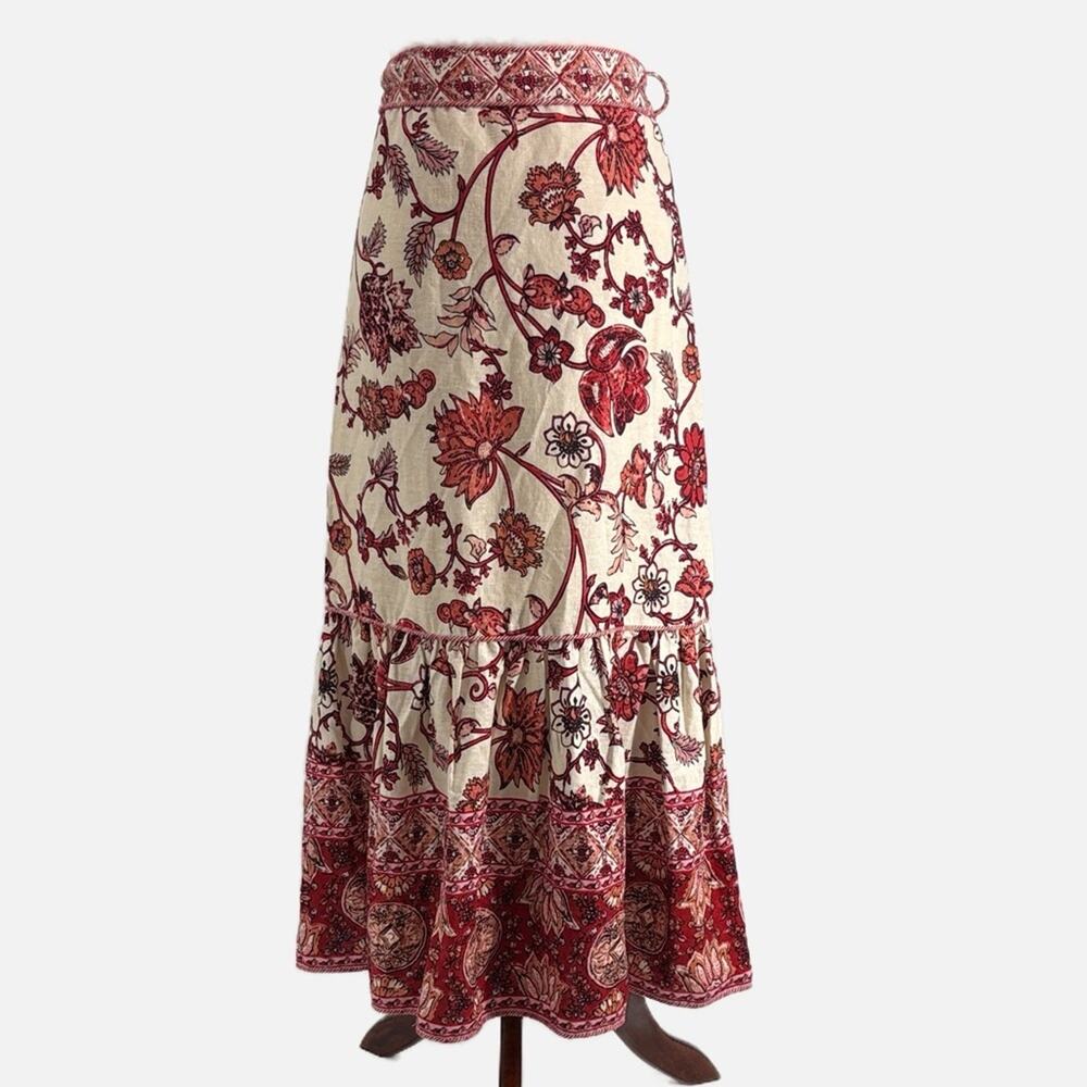 House of Harlow 1960 Linen Blend Floral Maxi Skirt in Red & Cream - Size Medium